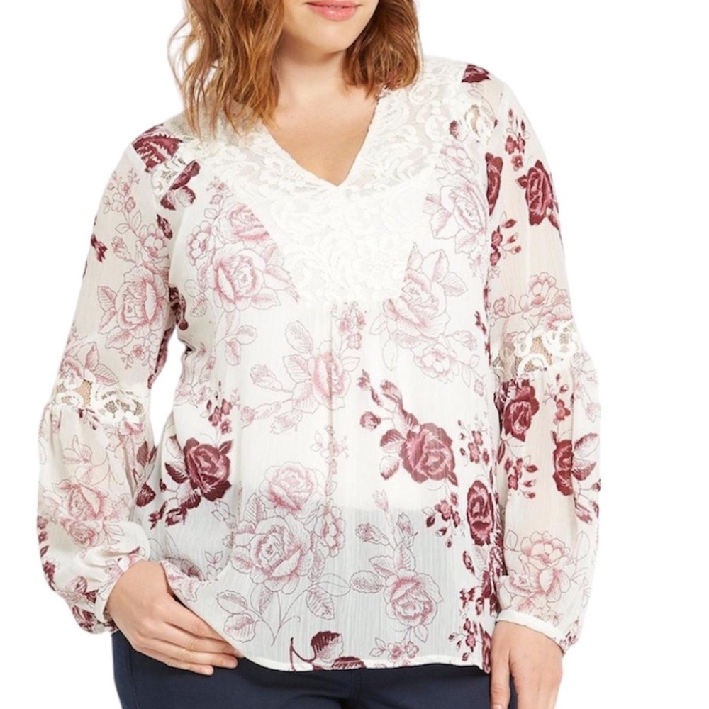 Torrid Floral Print Chiffon Lace Inset Top Size 1
